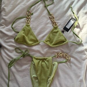 Green Bikini with Gold Chain Accents